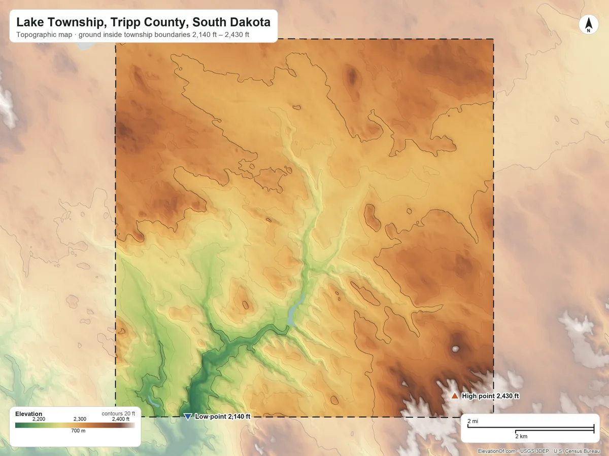 Topographic elevation map of Lake Township, Tripp County, South Dakota, shaded from 2,140 ft on the southwest side to 2,430 ft on the southeast side