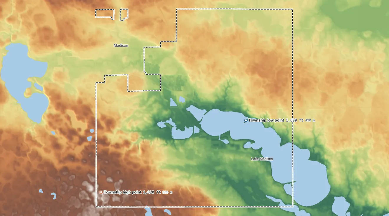Topographic elevation map of Lake View Township, South Dakota, shaded from 1,600 ft near the middle to 1,820 ft on the southwest side