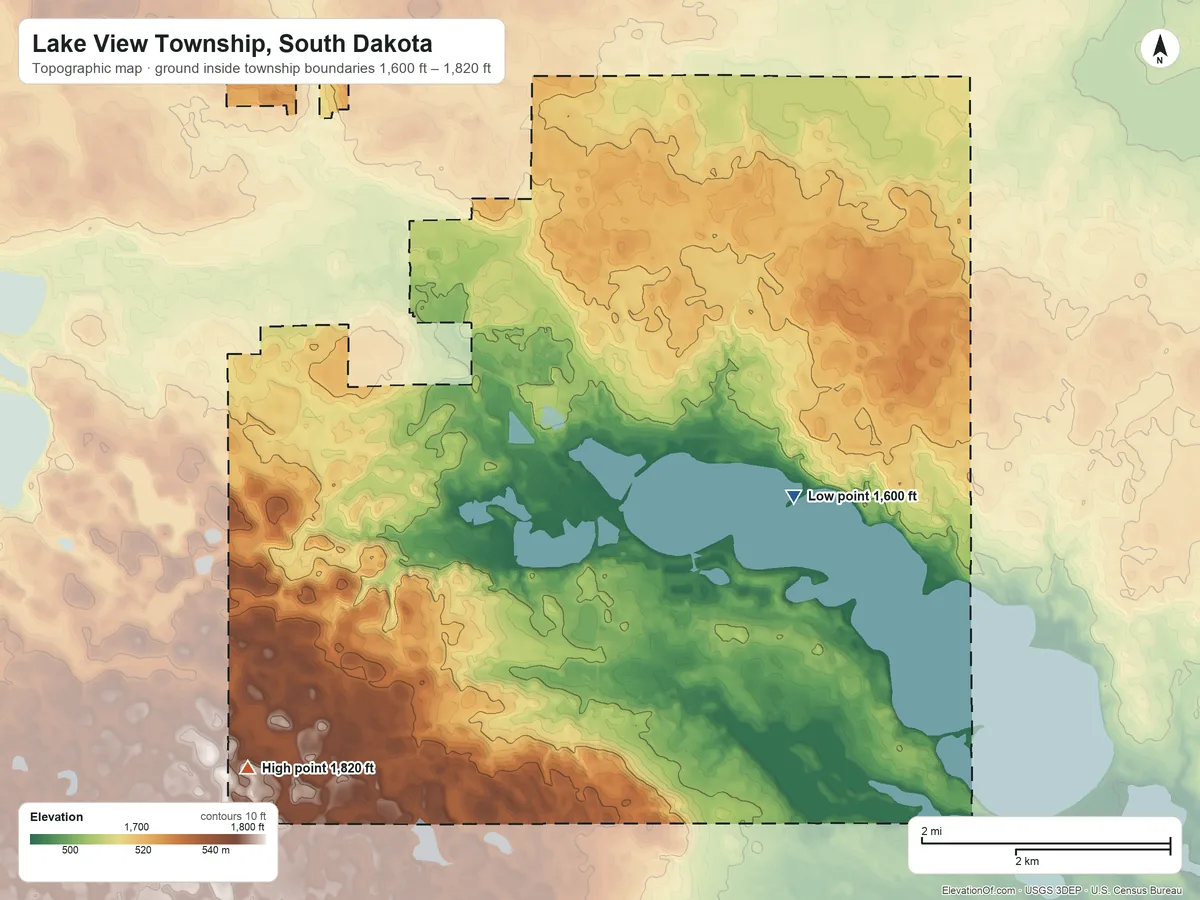 Topographic elevation map of Lake View Township, South Dakota, shaded from 1,600 ft near the middle to 1,820 ft on the southwest side