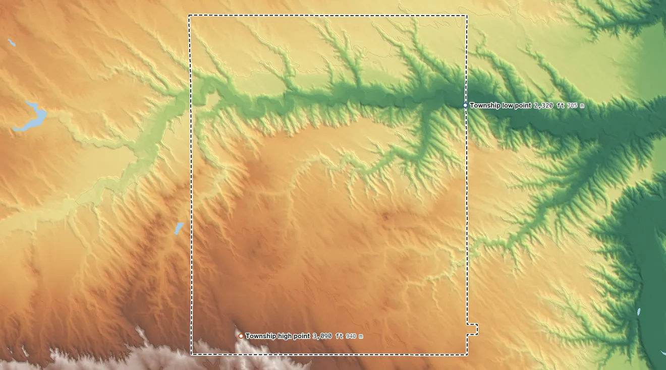 Topographic elevation map of Lakeside Township, South Dakota, shaded from 2,320 ft on the northeast side to 3,090 ft on the southwest side