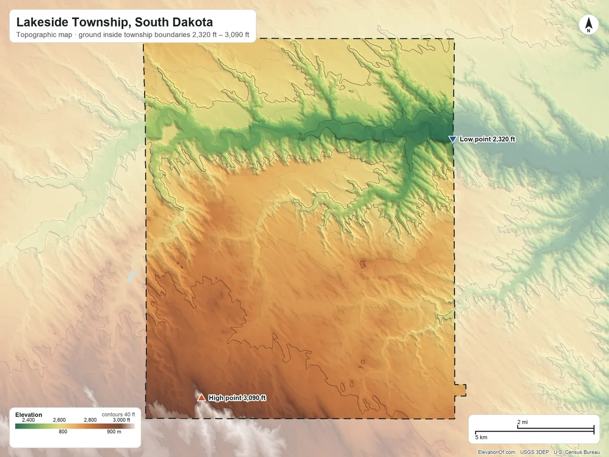 Topographic elevation map of Lakeside Township, South Dakota, shaded from 2,320 ft on the northeast side to 3,090 ft on the southwest side