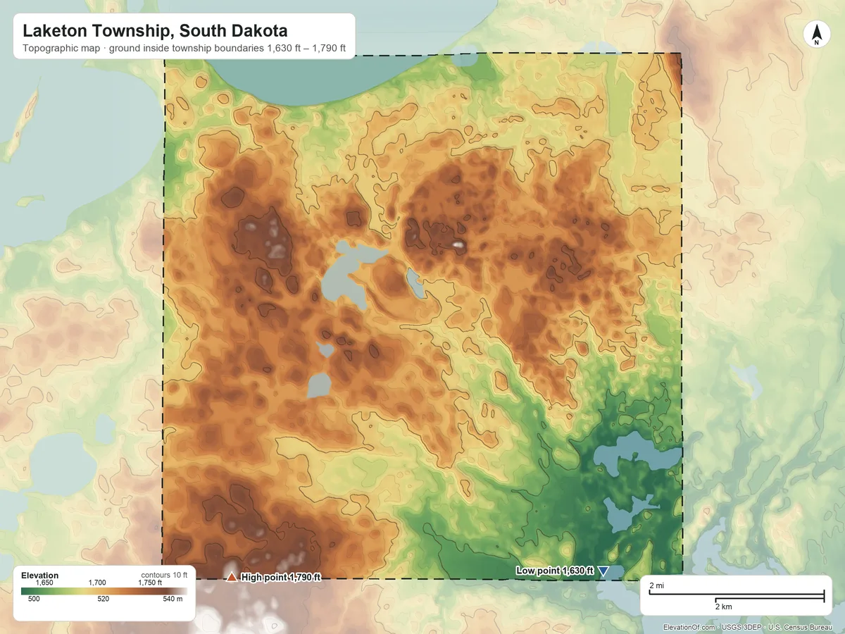 Topographic elevation map of Laketon Township, South Dakota, shaded from 1,630 ft on the southeast side to 1,790 ft on the southwest side