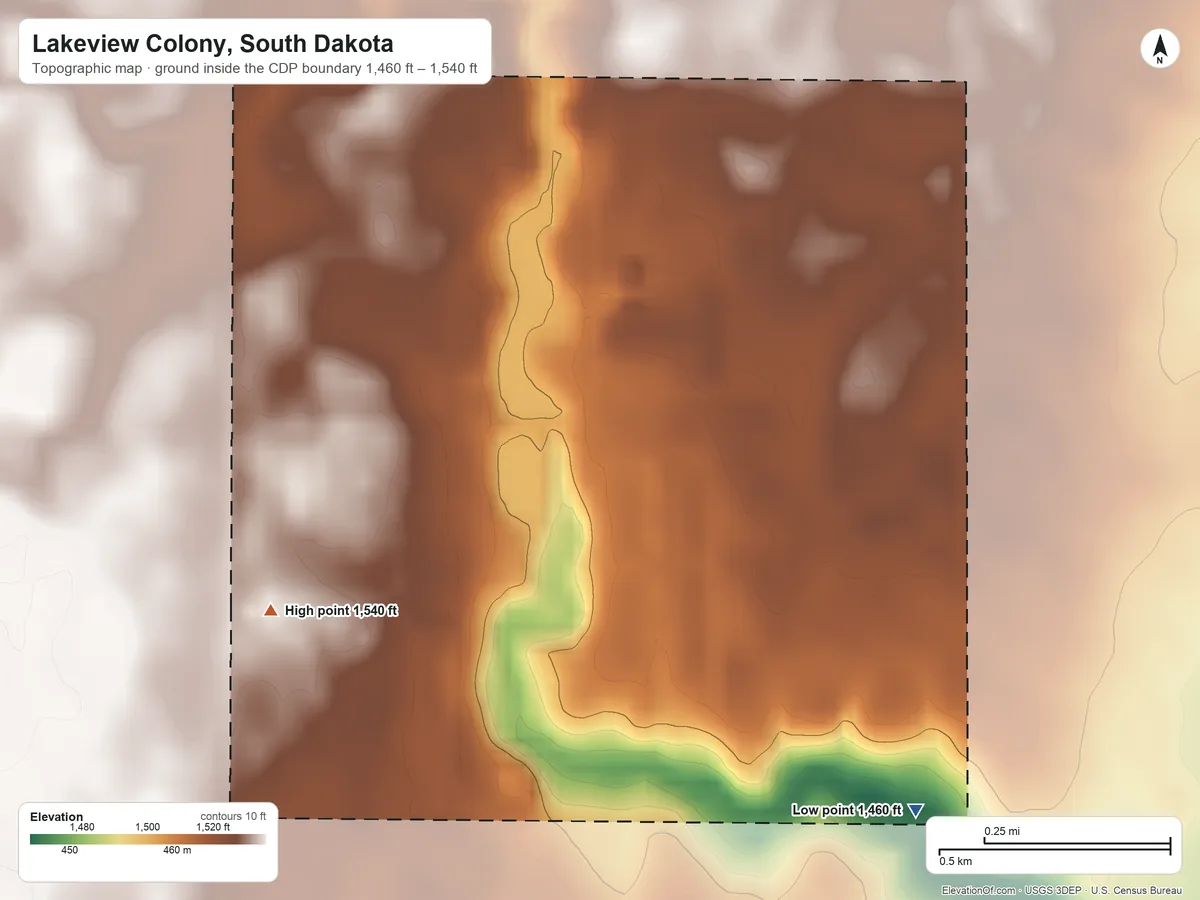Topographic elevation map of Lakeview Colony, South Dakota, shaded from 1,460 ft on the southeast side to 1,540 ft on the southwest side