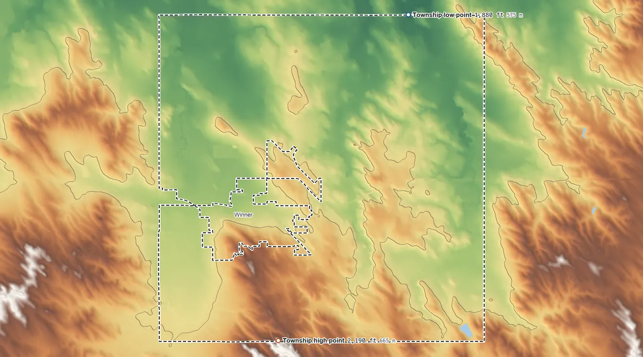 Topographic elevation map of Lamro Township, South Dakota, shaded from 1,880 ft on the northeast side to 2,190 ft on the south side