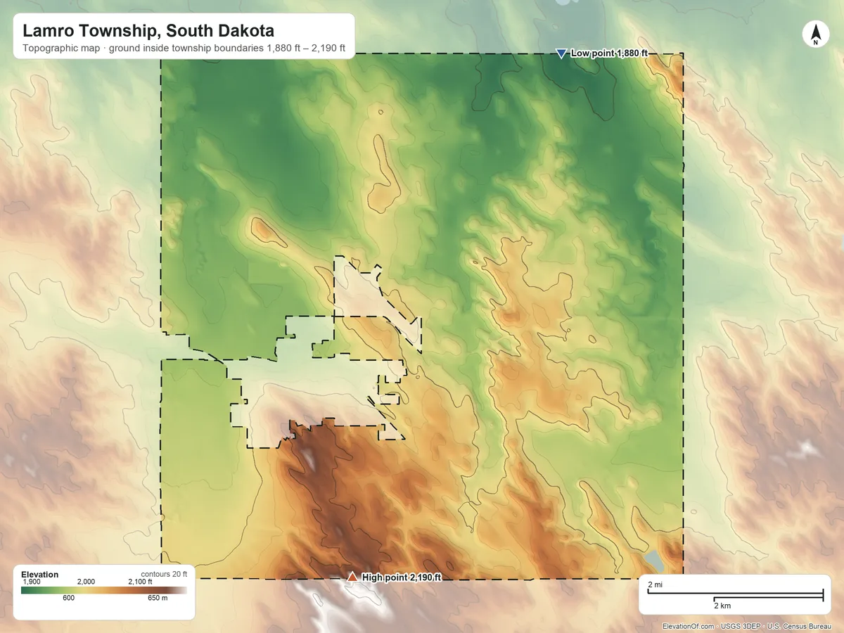 Topographic elevation map of Lamro Township, South Dakota, shaded from 1,880 ft on the northeast side to 2,190 ft on the south side