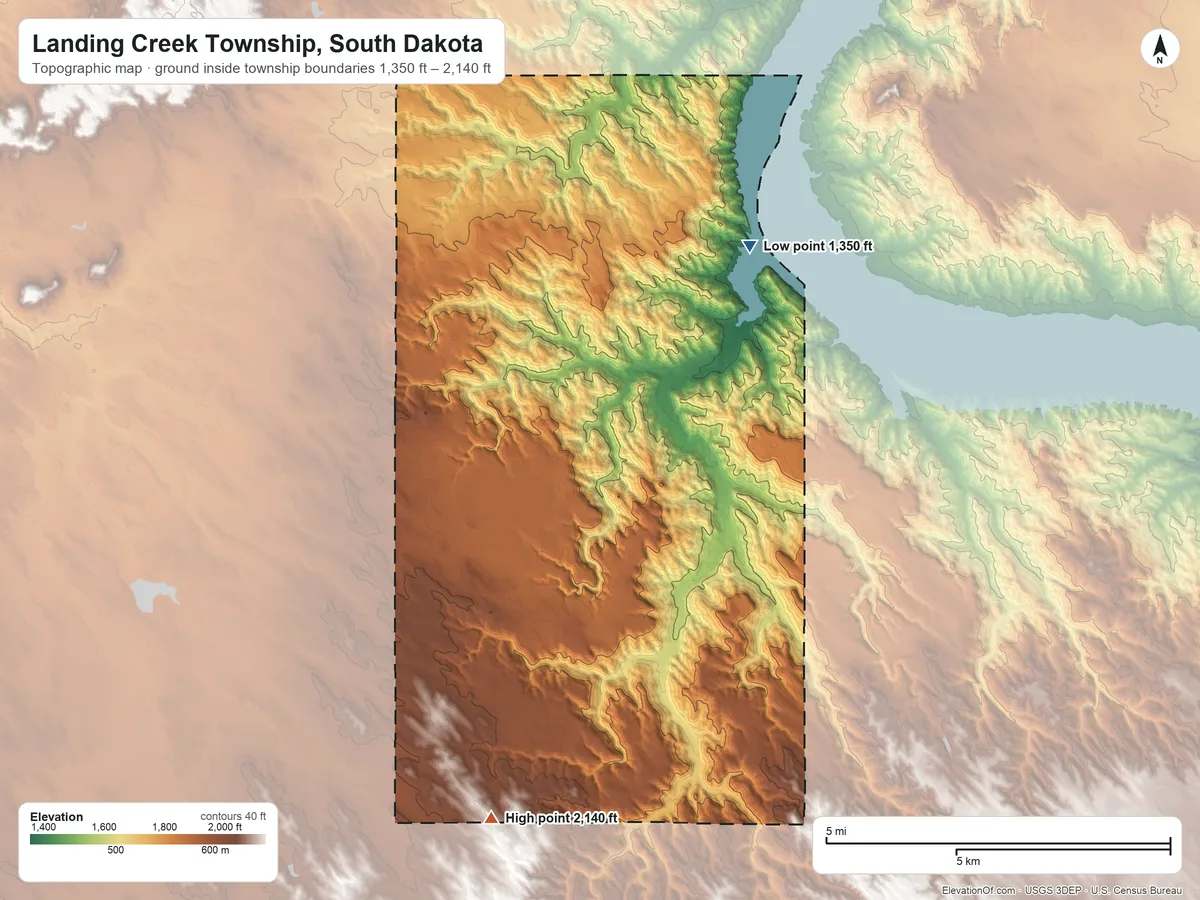 Topographic elevation map of Landing Creek Township, South Dakota, shaded from 1,350 ft on the north side to 2,140 ft on the southwest side