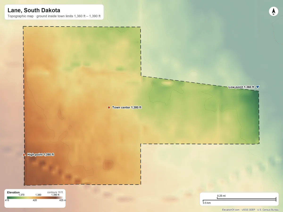 Topographic elevation map of Lane, South Dakota, shaded from 1,360 ft on the east side to 1,390 ft on the southwest side