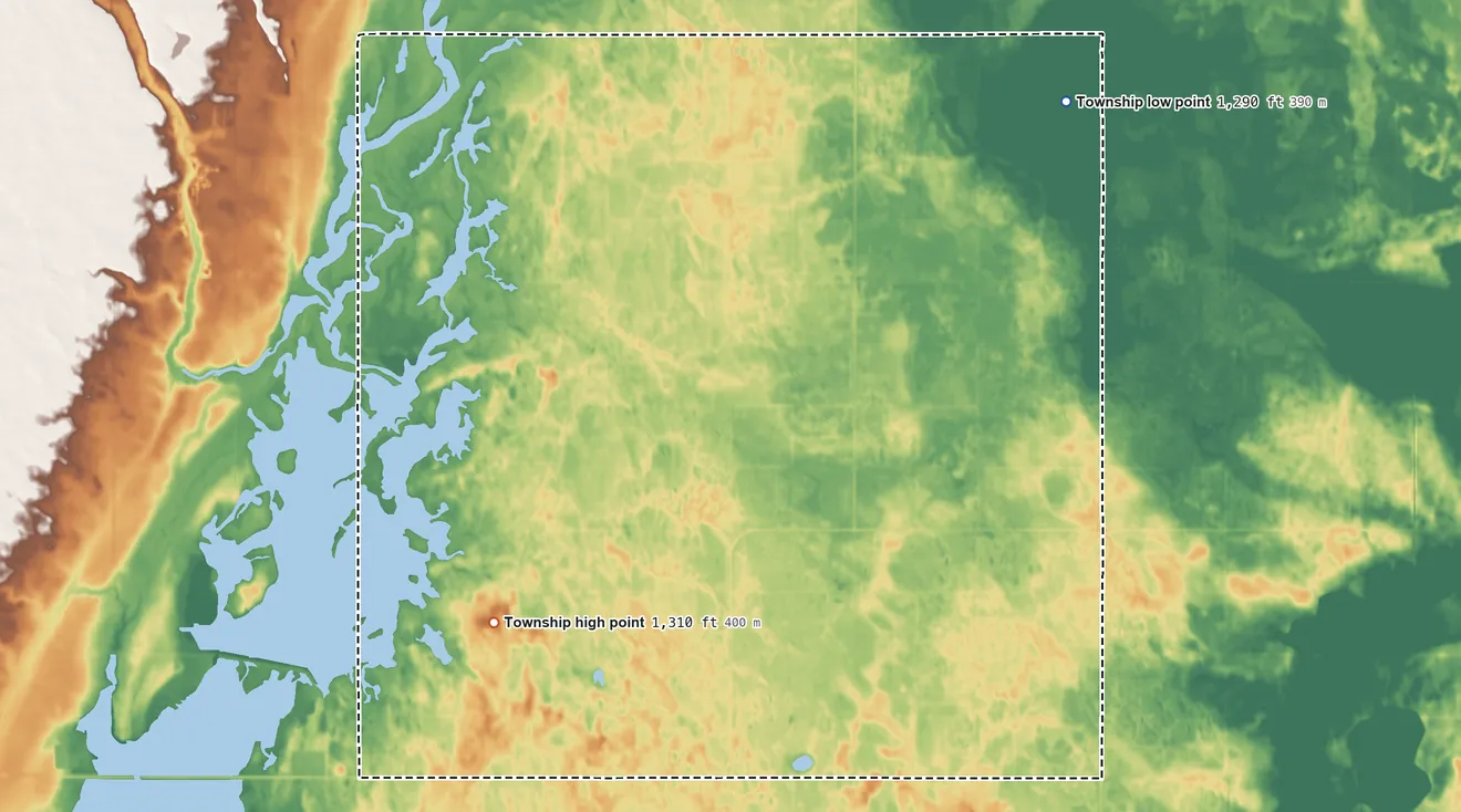 Topographic elevation map of Lansing Township, South Dakota, shaded from 1,290 ft on the northeast side to 1,310 ft on the northwest side