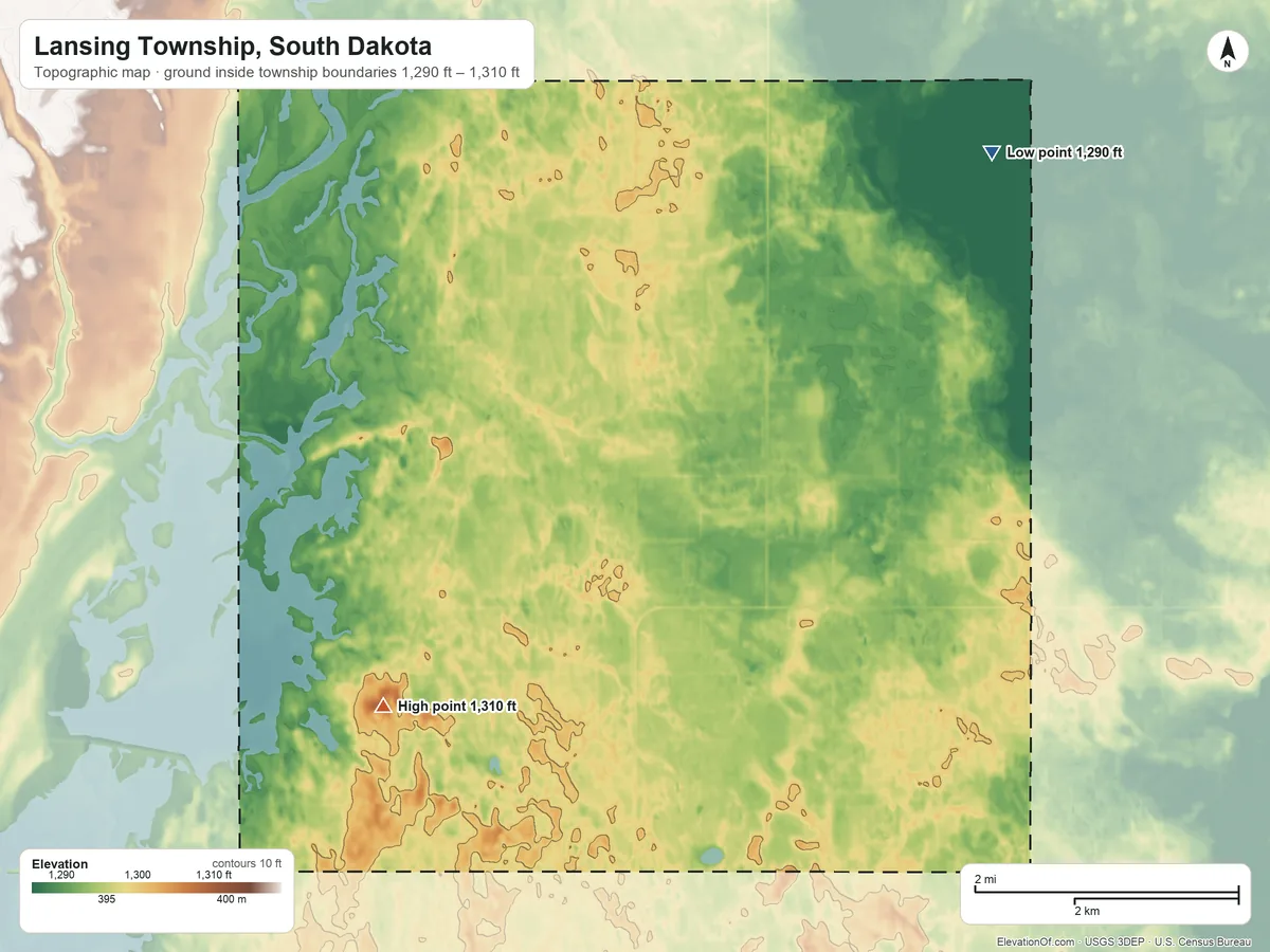 Topographic elevation map of Lansing Township, South Dakota, shaded from 1,290 ft on the northeast side to 1,310 ft on the northwest side