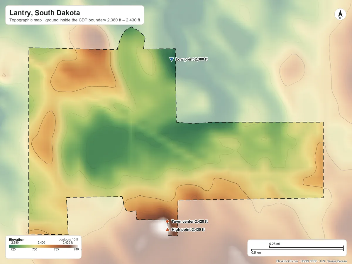 Topographic elevation map of Lantry, South Dakota, shaded from 2,380 ft on the north side to 2,430 ft near the middle
