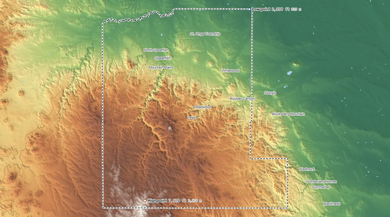 Topographic elevation map of Lawrence County, South Dakota, shaded from 2,990 ft on the northeast side to 7,120 ft on Crooks Tower