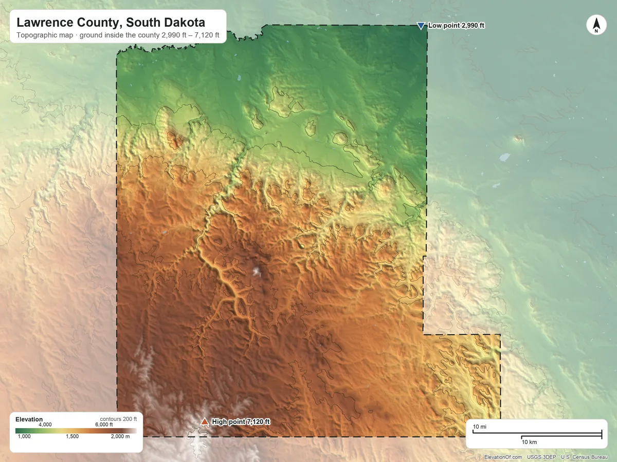 Topographic elevation map of Lawrence County, South Dakota, shaded from 2,990 ft on the northeast side to 7,120 ft on Crooks Tower