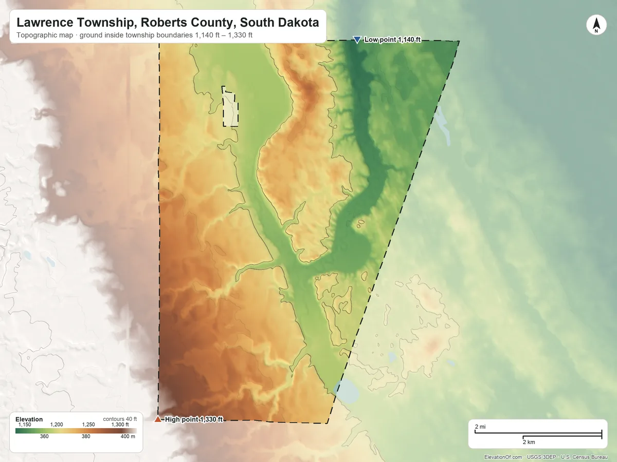 Topographic elevation map of Lawrence Township, Roberts County, South Dakota, shaded from 1,140 ft on the northeast side to 1,330 ft on the southwest side