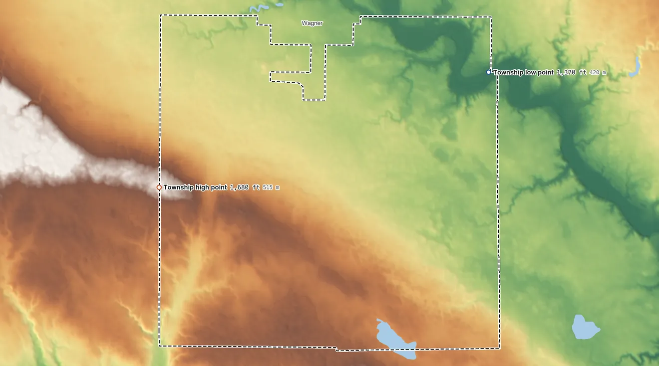 Topographic elevation map of Lawrence Township, South Dakota, shaded from 1,370 ft on the east side to 1,680 ft on the southwest side