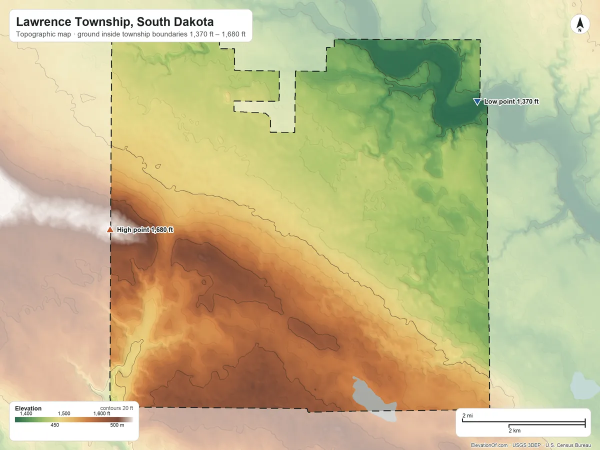 Topographic elevation map of Lawrence Township, South Dakota, shaded from 1,370 ft on the east side to 1,680 ft on the southwest side