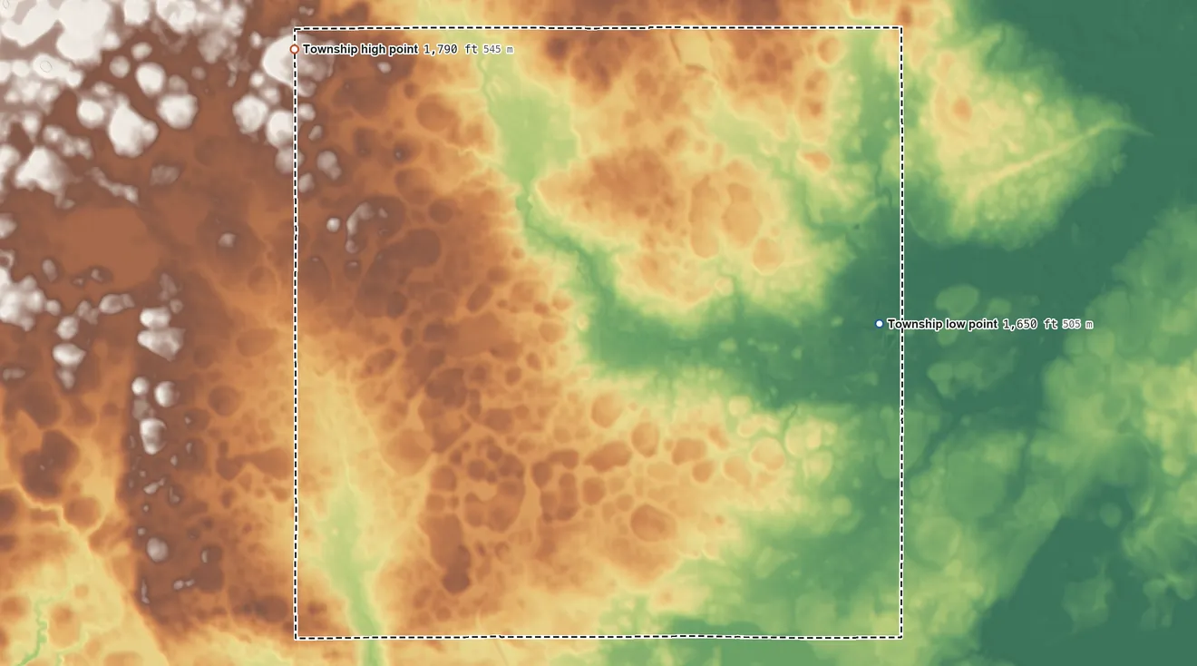 Topographic elevation map of Le Roy Township, South Dakota, shaded from 1,650 ft on the east side to 1,790 ft on the northwest side
