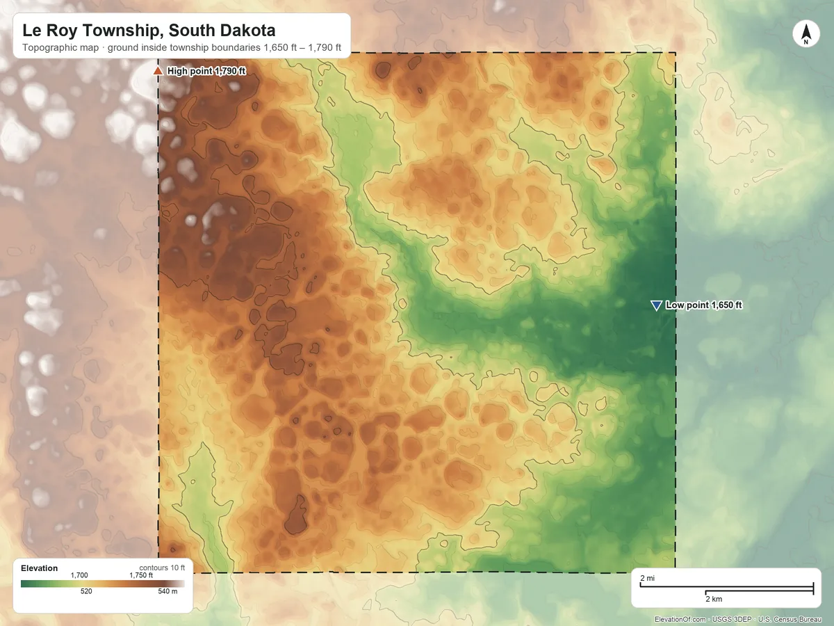 Topographic elevation map of Le Roy Township, South Dakota, shaded from 1,650 ft on the east side to 1,790 ft on the northwest side