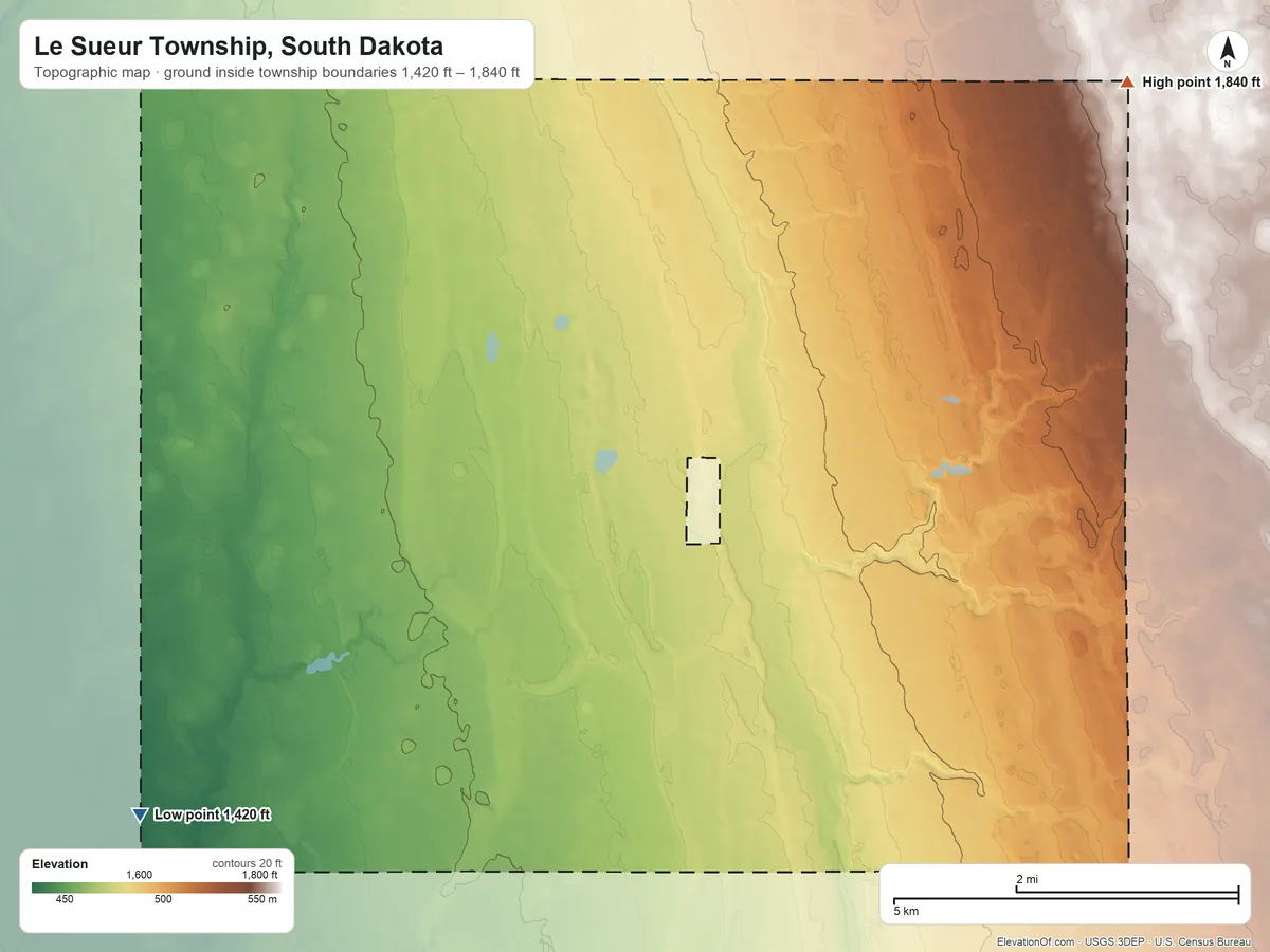Topographic elevation map of Le Sueur Township, South Dakota, shaded from 1,420 ft on the southwest side to 1,840 ft on the northeast side
