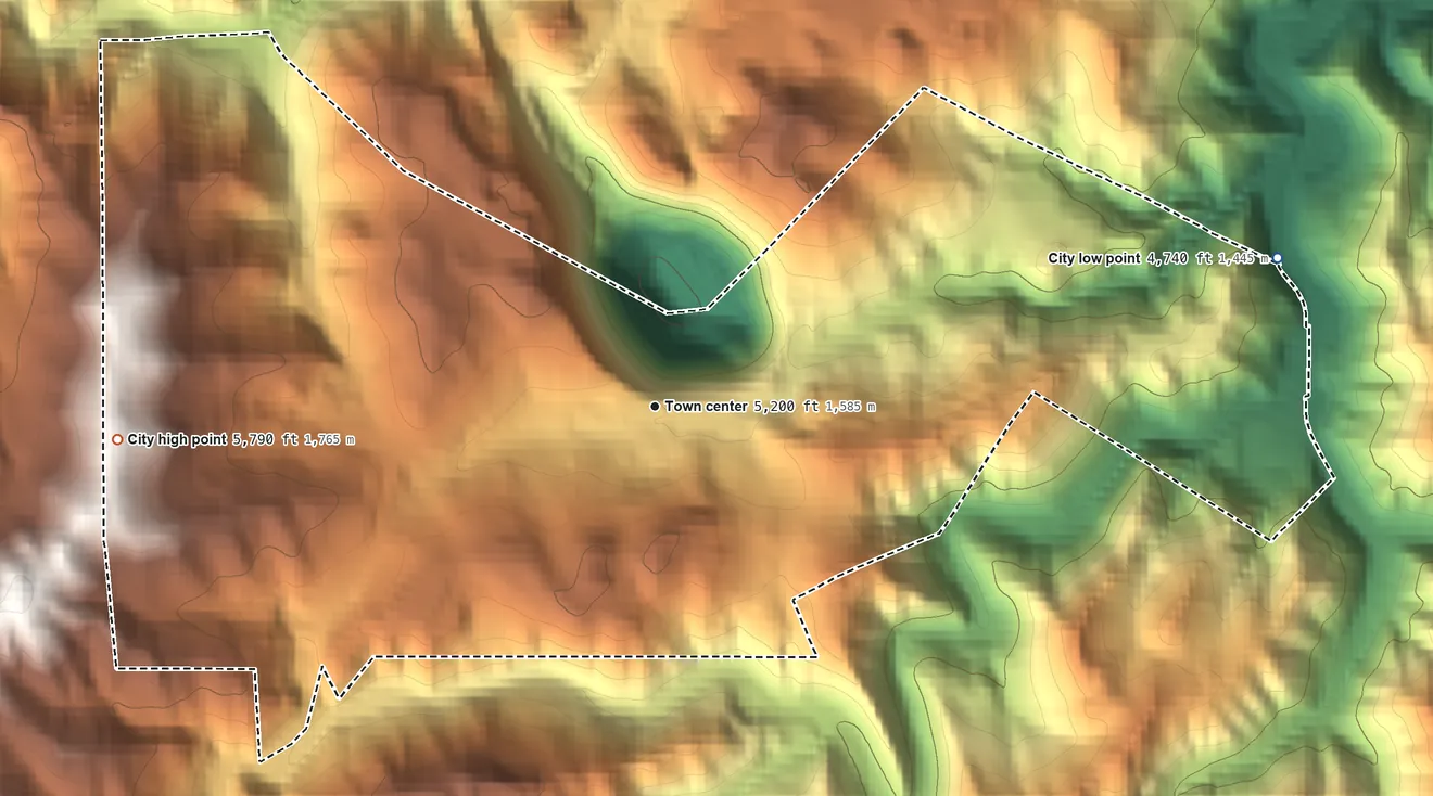 Topographic elevation map of Lead, South Dakota, shaded from 4,740 ft on the east side to 5,790 ft at the foot of the Woodville Hills