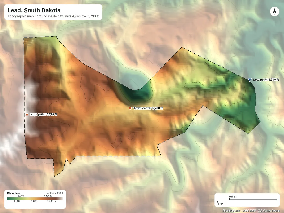 Topographic elevation map of Lead, South Dakota, shaded from 4,740 ft on the east side to 5,790 ft at the foot of the Woodville Hills