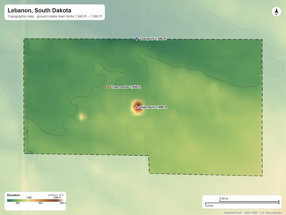 Topographic elevation map of Lebanon, South Dakota, shaded from 1,940 ft on the northeast side to 1,990 ft on the southeast side