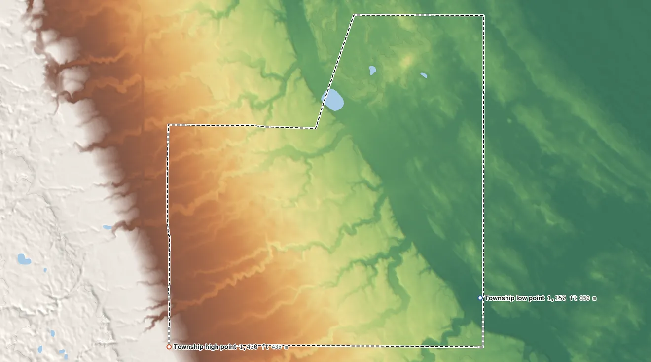 Topographic elevation map of Lee Township, South Dakota, shaded from 1,150 ft on the southeast side to 1,430 ft on the southwest edge, below higher ground just outside