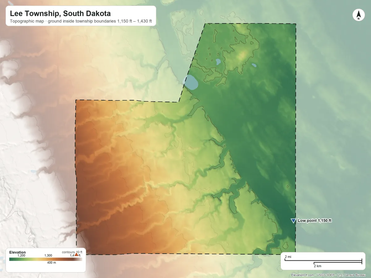Topographic elevation map of Lee Township, South Dakota, shaded from 1,150 ft on the southeast side to 1,430 ft on the southwest edge, below higher ground just outside