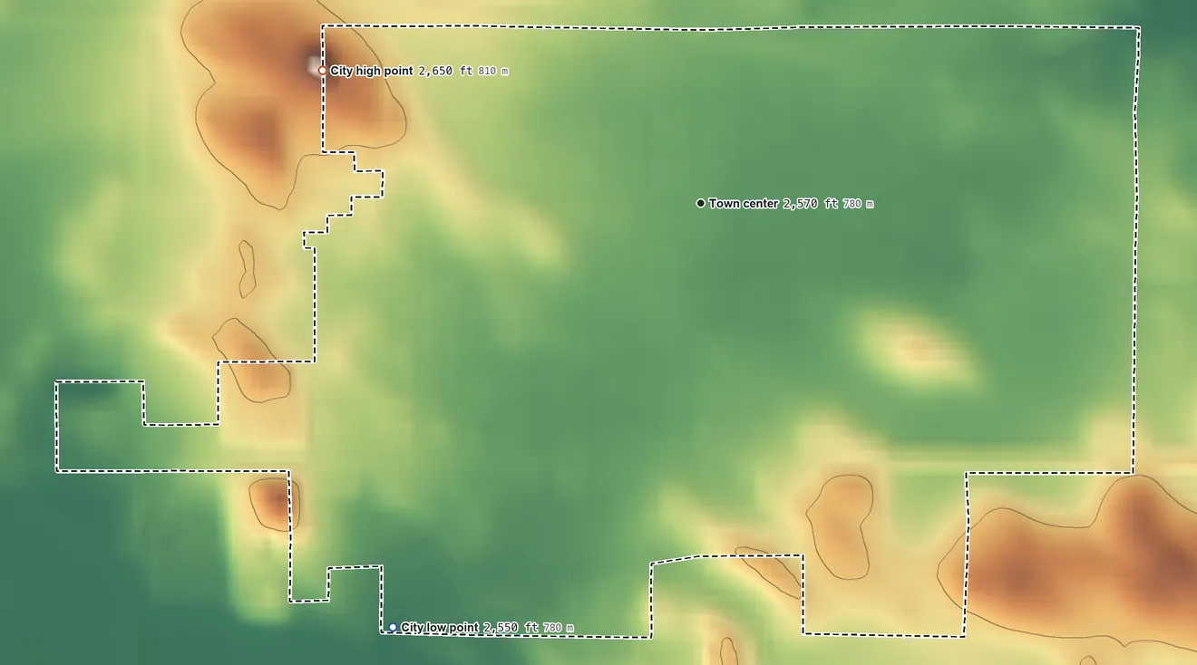 Topographic elevation map of Lemmon, South Dakota, shaded from 2,550 ft on the southwest side to 2,650 ft on the west side