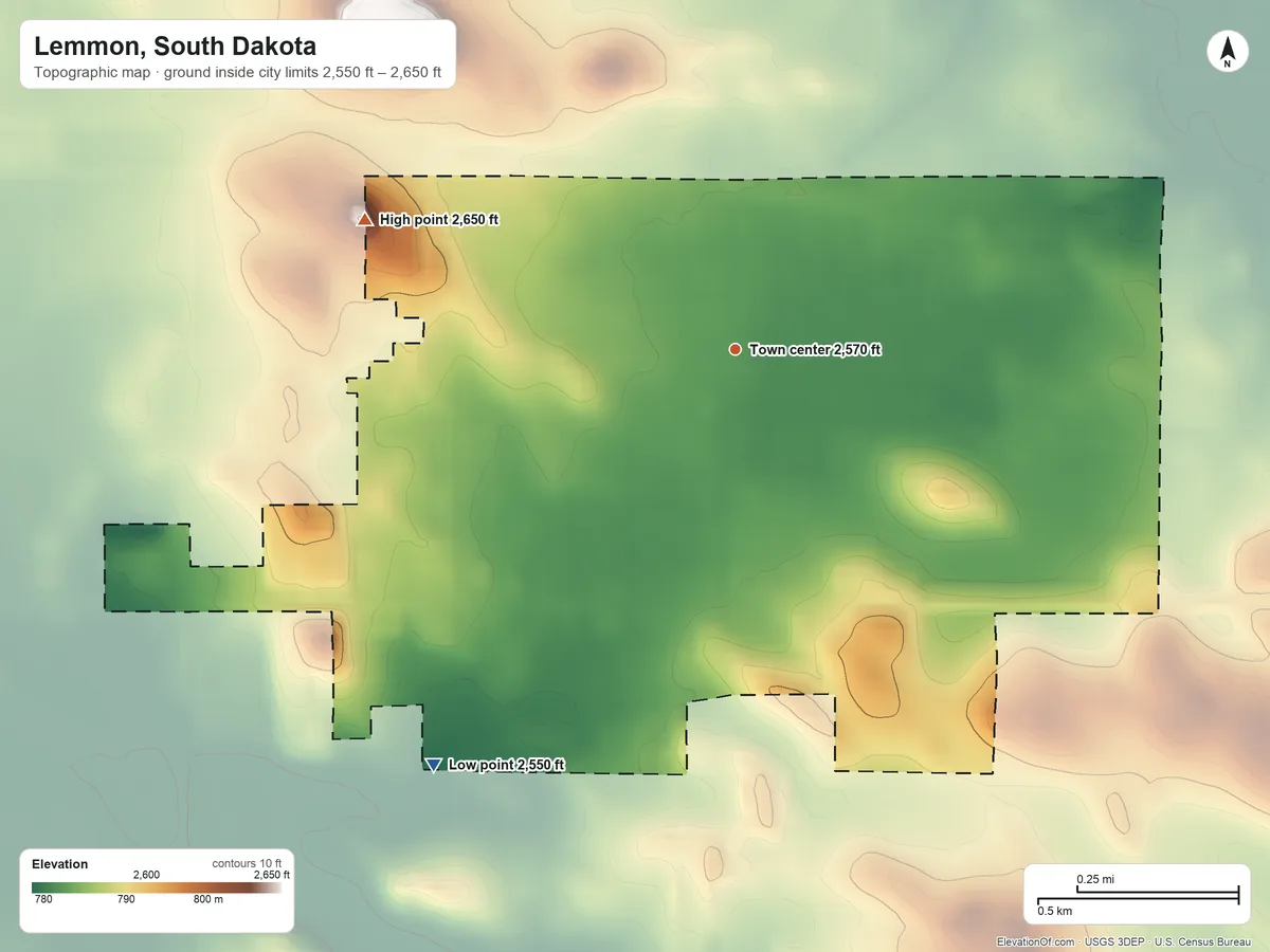 Topographic elevation map of Lemmon, South Dakota, shaded from 2,550 ft on the southwest side to 2,650 ft on the west side