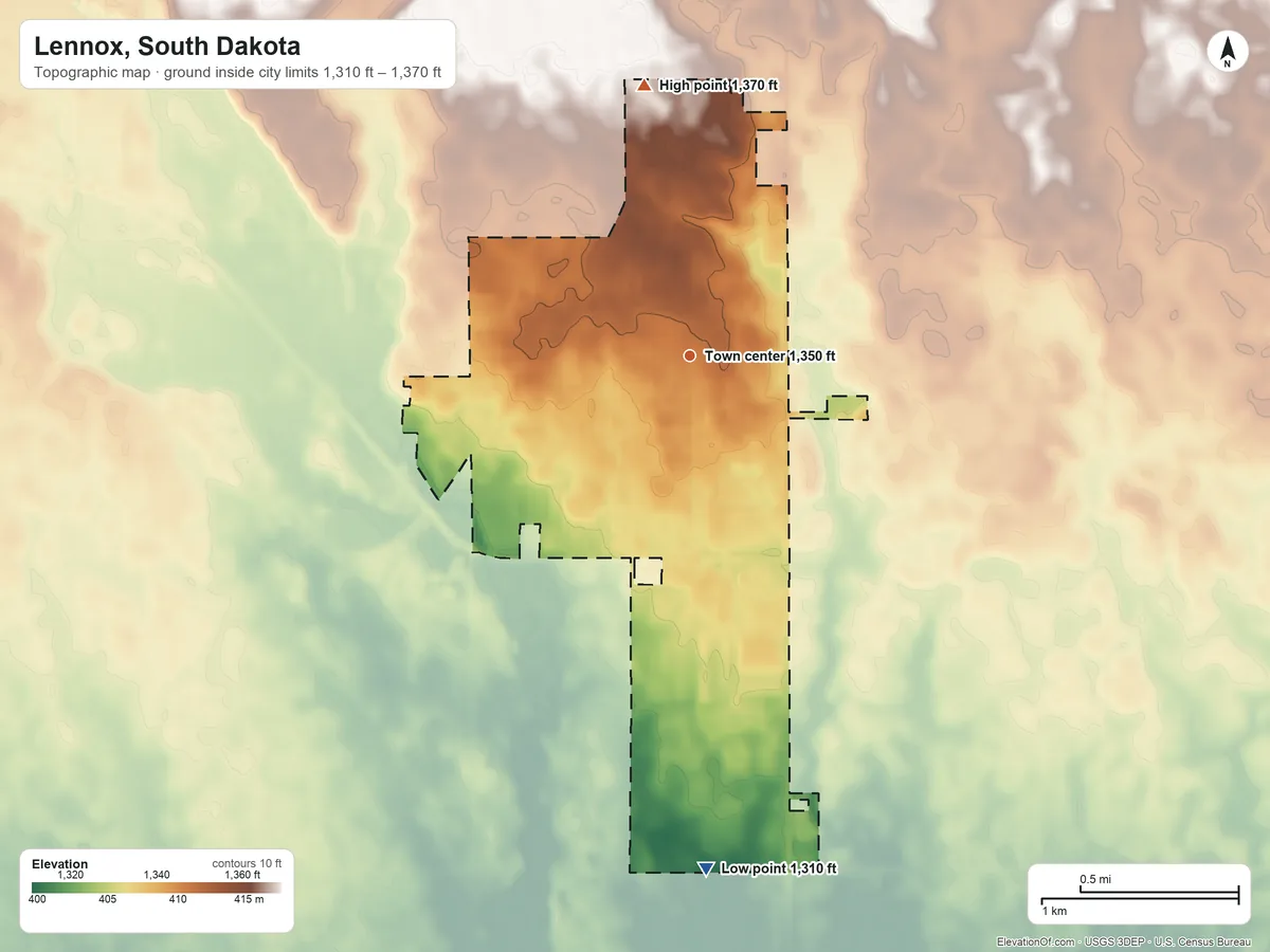 Topographic elevation map of Lennox, South Dakota, shaded from 1,310 ft on the south side to 1,370 ft on the north side