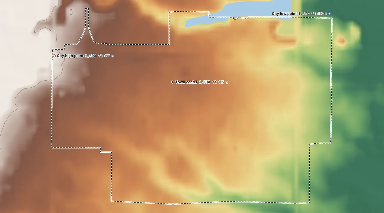 Topographic elevation map of Leola, South Dakota, shaded from 1,570 ft on the northeast side to 1,600 ft on the west side