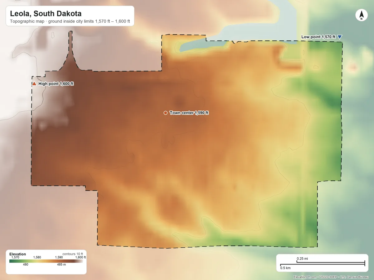 Topographic elevation map of Leola, South Dakota, shaded from 1,570 ft on the northeast side to 1,600 ft on the west side
