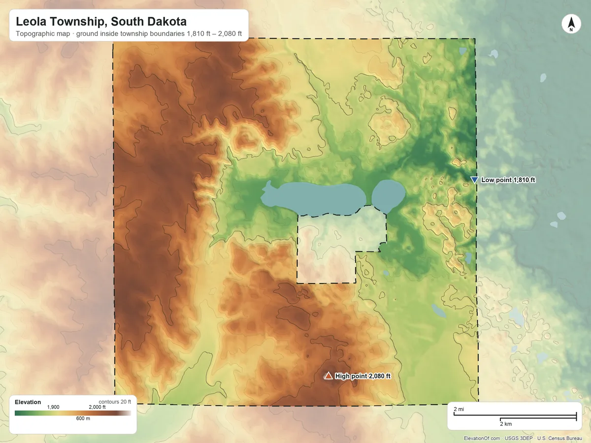 Topographic elevation map of Leola Township, South Dakota, shaded from 1,810 ft on the east side to 2,080 ft on Punished Womans Mound