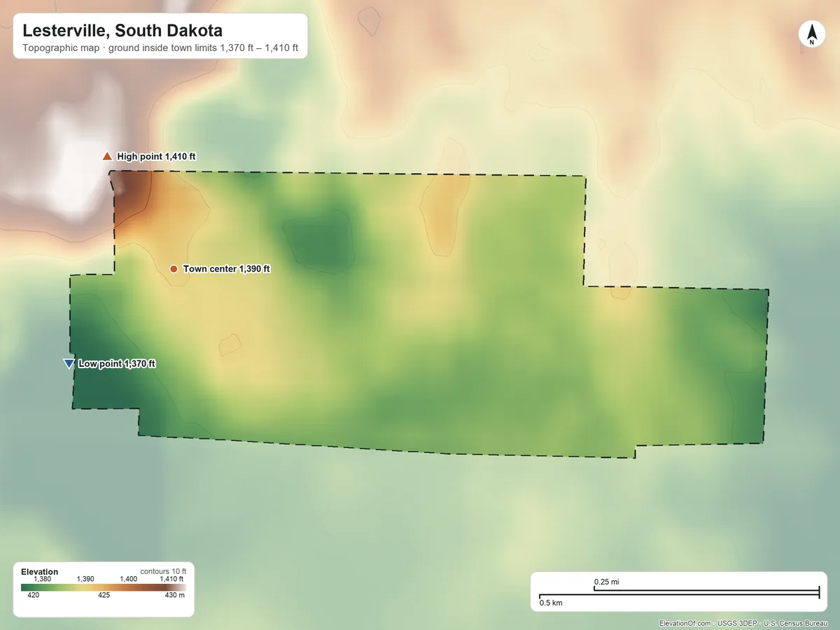 Topographic elevation map of Lesterville, South Dakota, shaded from 1,370 ft on the southwest side to 1,410 ft on the northwest side