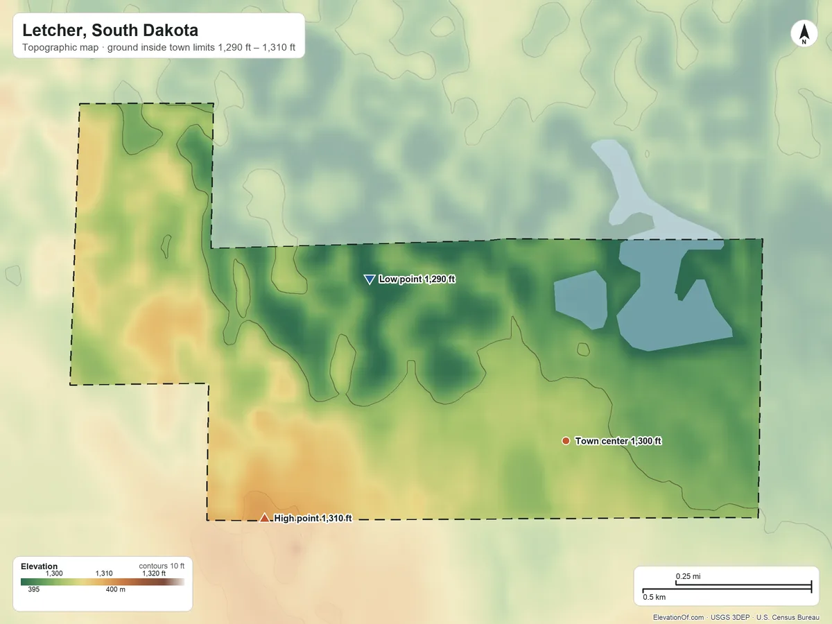 Topographic elevation map of Letcher, South Dakota, shaded from 1,290 ft on the northwest side to 1,310 ft on the west side