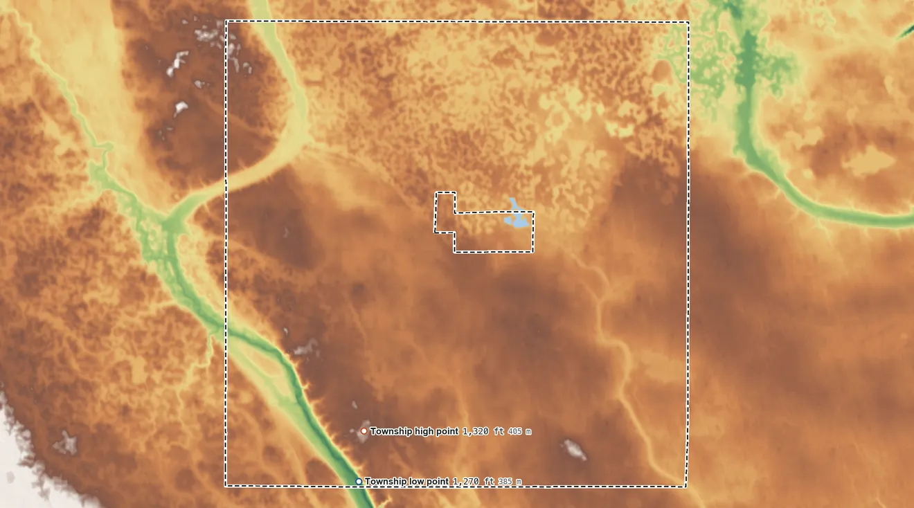 Topographic elevation map of Letcher Township, South Dakota, shaded from 1,270 ft on the southwest side to 1,320 ft on the southwest side