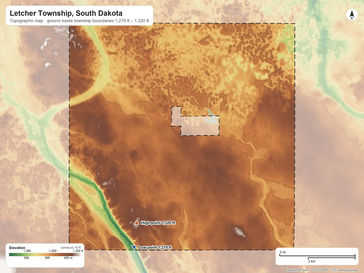 Topographic elevation map of Letcher Township, South Dakota, shaded from 1,270 ft on the southwest side to 1,320 ft on the southwest side