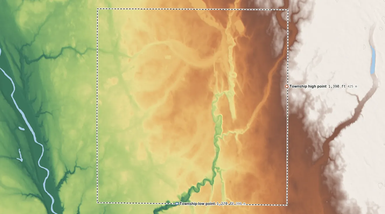 Topographic elevation map of Liberty Township, Beadle County, South Dakota, shaded from 1,270 ft on the southwest side to 1,390 ft on the northeast side