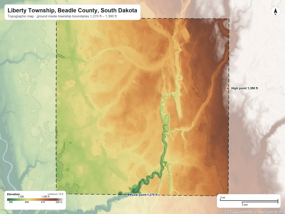 Topographic elevation map of Liberty Township, Beadle County, South Dakota, shaded from 1,270 ft on the southwest side to 1,390 ft on the northeast side