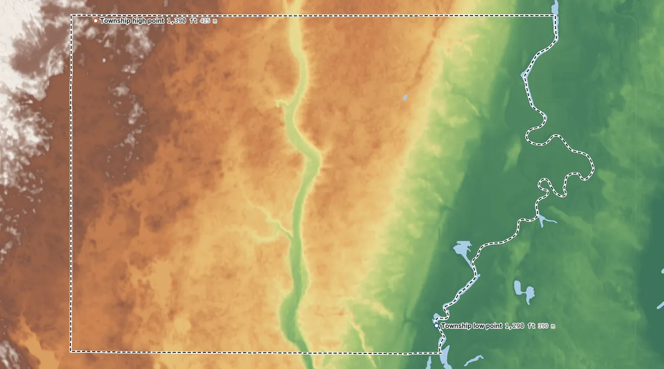 Topographic elevation map of Liberty Township, Brown County, South Dakota, shaded from 1,290 ft on the east side to 1,390 ft on the northwest side
