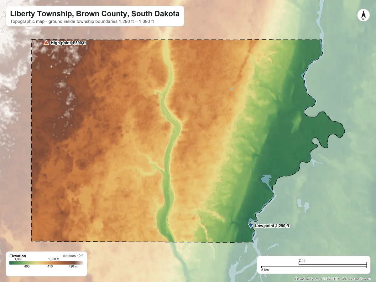 Topographic elevation map of Liberty Township, Brown County, South Dakota, shaded from 1,290 ft on the east side to 1,390 ft on the northwest side