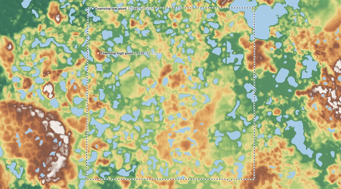 Topographic elevation map of Liberty Township, Day County, South Dakota, shaded from 1,780 ft on the northwest side to 1,890 ft on the northwest side