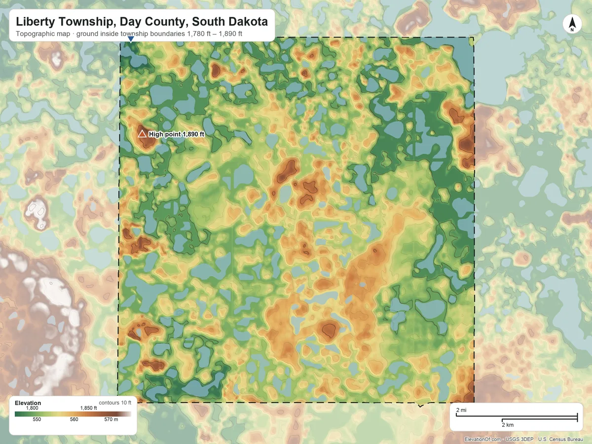 Topographic elevation map of Liberty Township, Day County, South Dakota, shaded from 1,780 ft on the northwest side to 1,890 ft on the northwest side