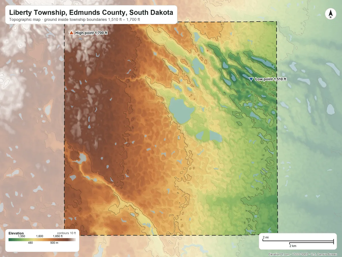 Topographic elevation map of Liberty Township, Edmunds County, South Dakota, shaded from 1,510 ft on the northeast side to 1,700 ft on the northwest side
