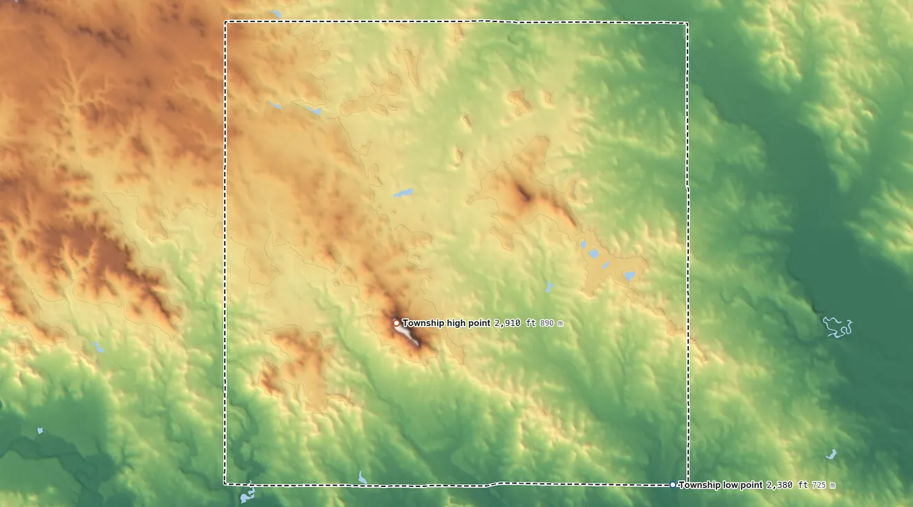 Topographic elevation map of Liberty Township, Perkins County, South Dakota, shaded from 2,380 ft on the southeast side to 2,910 ft on White Butte