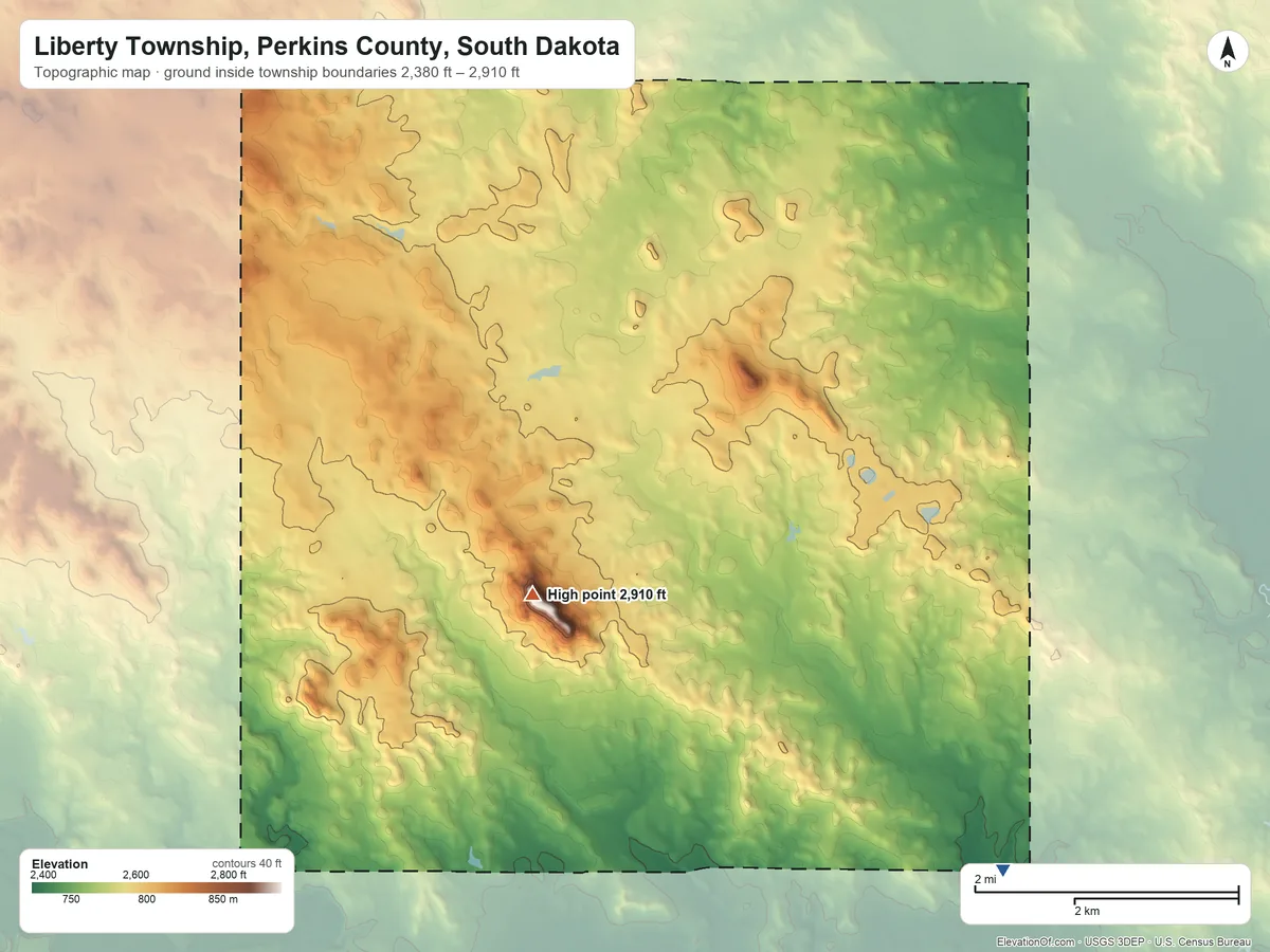 Topographic elevation map of Liberty Township, Perkins County, South Dakota, shaded from 2,380 ft on the southeast side to 2,910 ft on White Butte