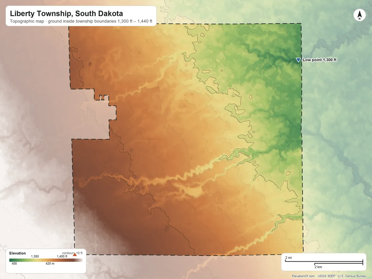 Topographic elevation map of Liberty Township, South Dakota, shaded from 1,300 ft on the northeast side to 1,440 ft on the southwest side