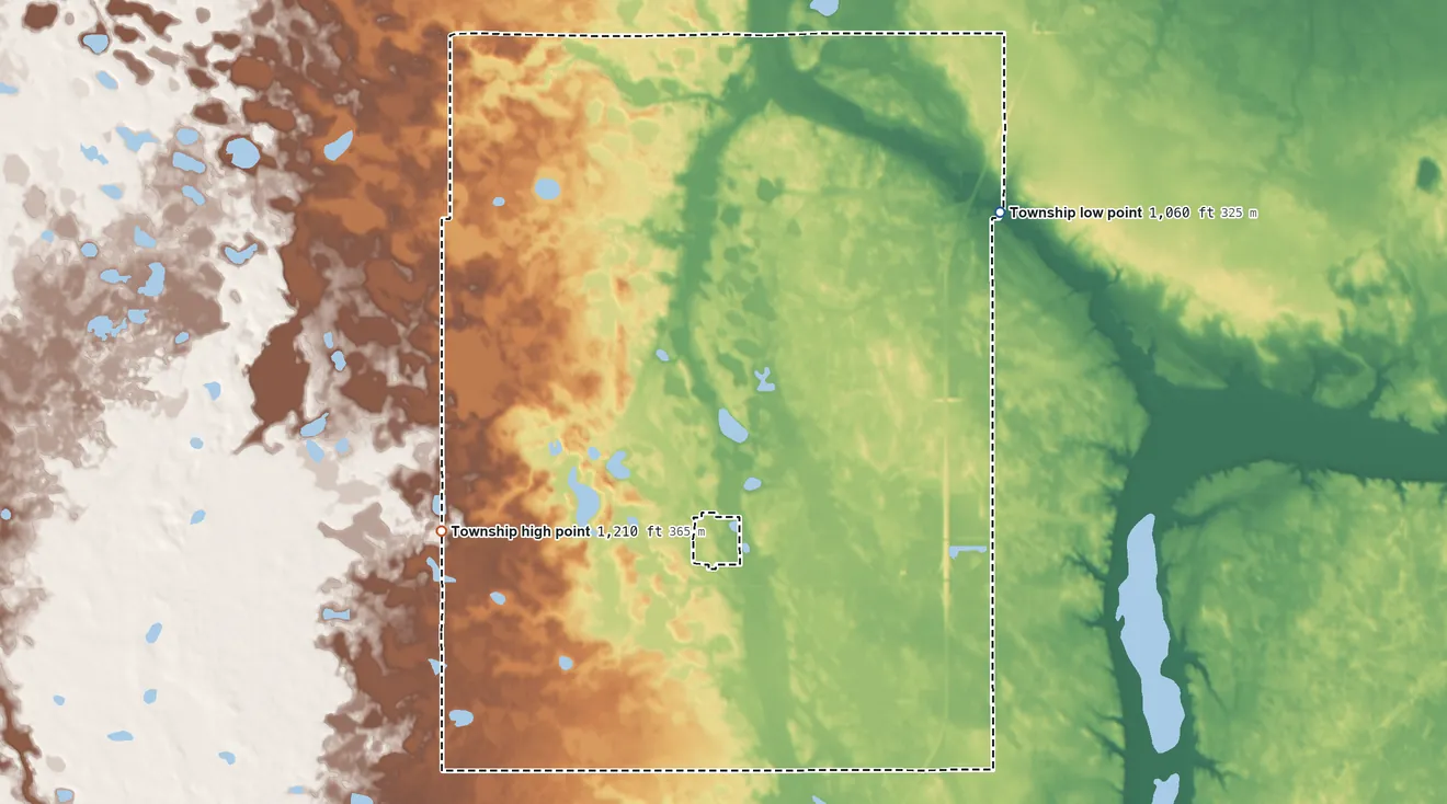 Topographic elevation map of Lien Township, South Dakota, shaded from 1,060 ft on the northeast side to 1,210 ft on the southwest side