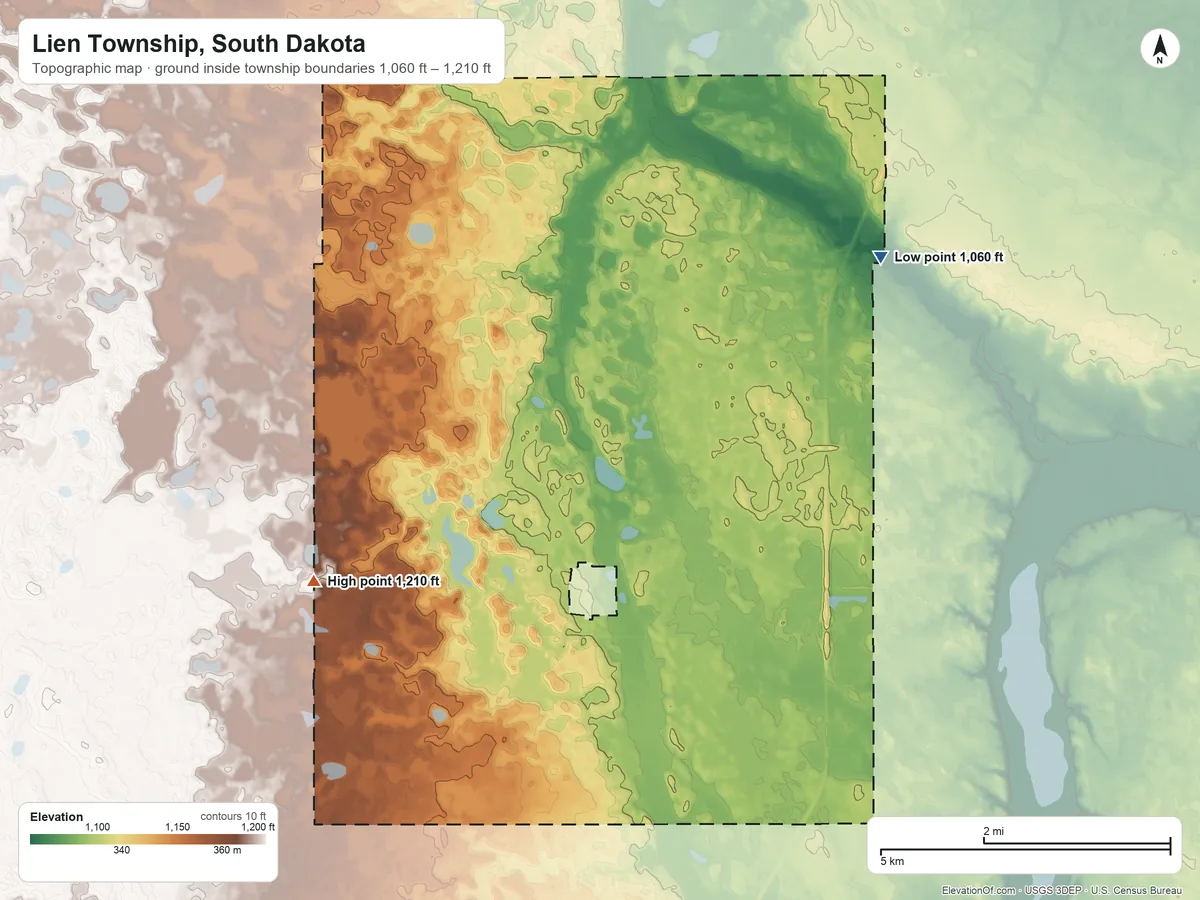 Topographic elevation map of Lien Township, South Dakota, shaded from 1,060 ft on the northeast side to 1,210 ft on the southwest side