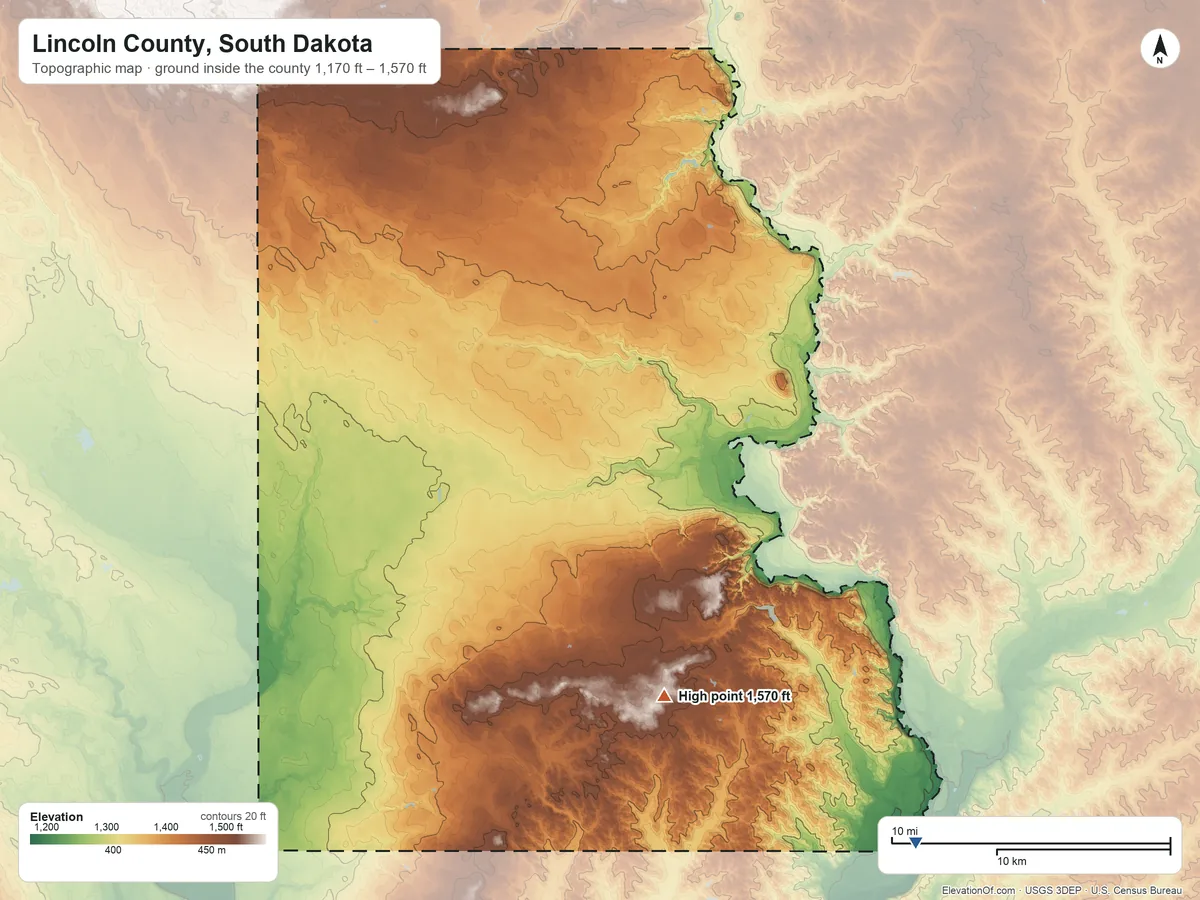 Topographic elevation map of Lincoln County, South Dakota, shaded from 1,170 ft on the southeast side to 1,570 ft on the south side